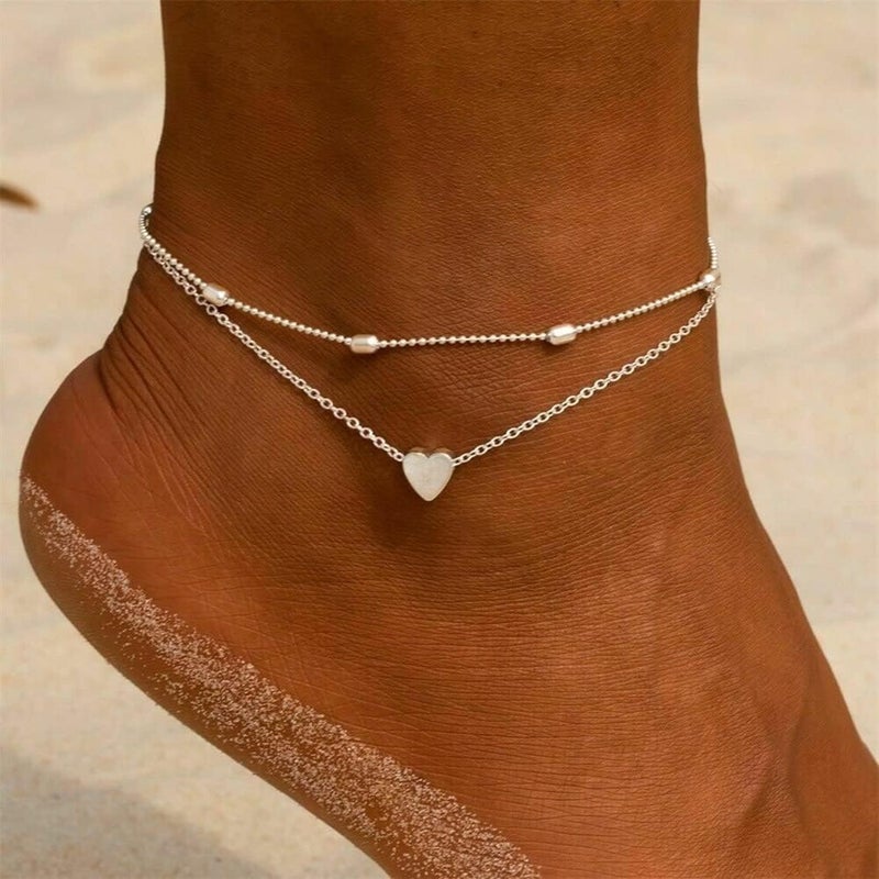 MIDEEO Gold/Silver Ankle Bracelets for Women,14K Gold Anklets for Women Waterproof Cuban Link Heart Beads Herringbone Rhinestone Anklets Set Layered Anklet Bracelets for Women Gold Jewelry Gift - Image 2